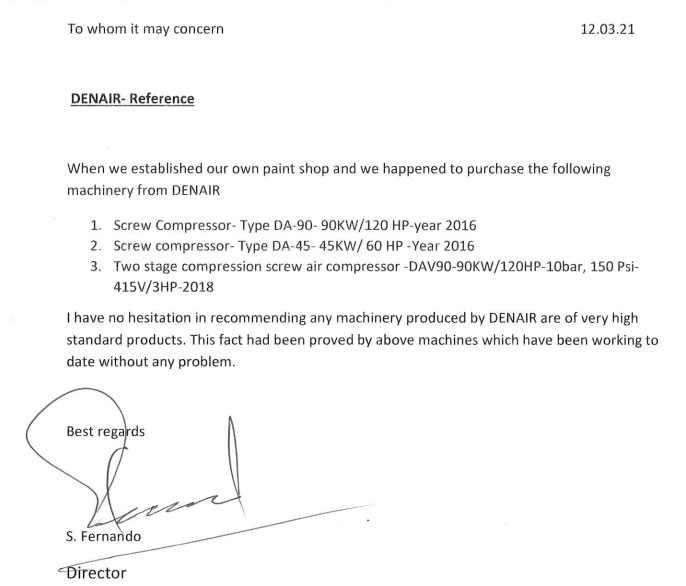 DENAIR An recommendation letter from customer